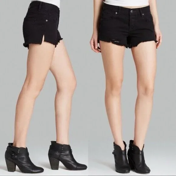 Free People Denim Shorts Sharkbite Black Button Fly Fray Hem Distress - Picture 3 of 10